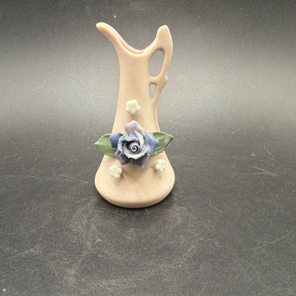 Vintage 1940's/50's Mini Pink Ceramic Pitcher with Blue Rose